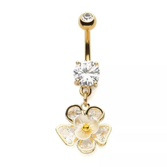 CZ Crystal Flower Dangling Belly Button Ring - Gold Plated 316L Stainless Steel