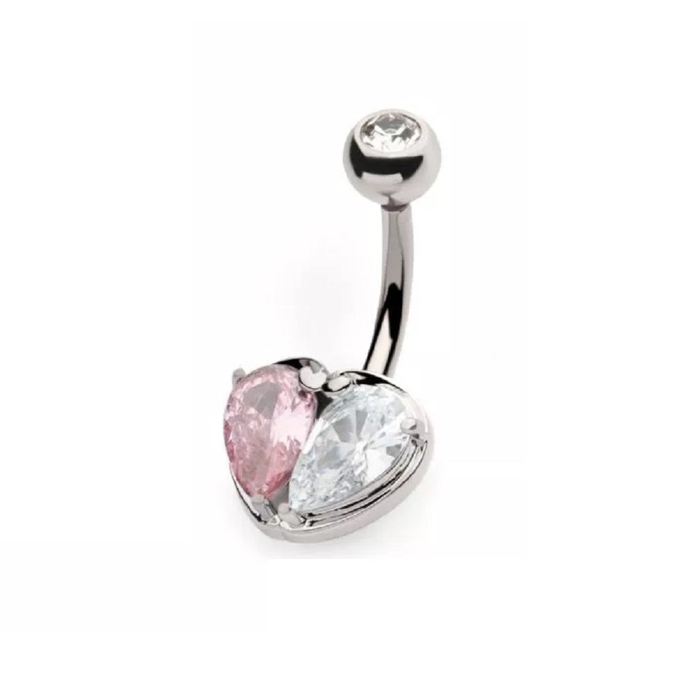 Dual CZ Crystal Heart Belly Button Ring - 316L Stainless Steel