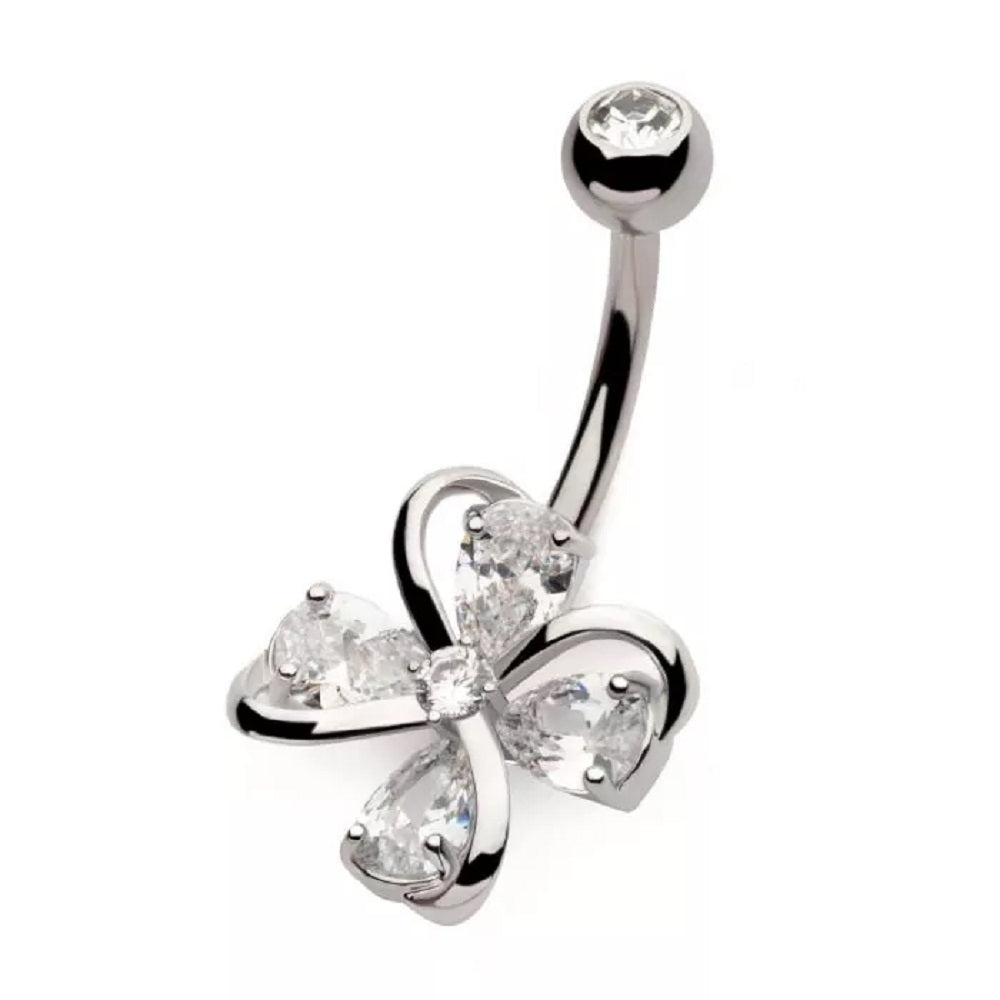 CZ Crystal Clover Belly Button Ring - 316L Stainless Steel