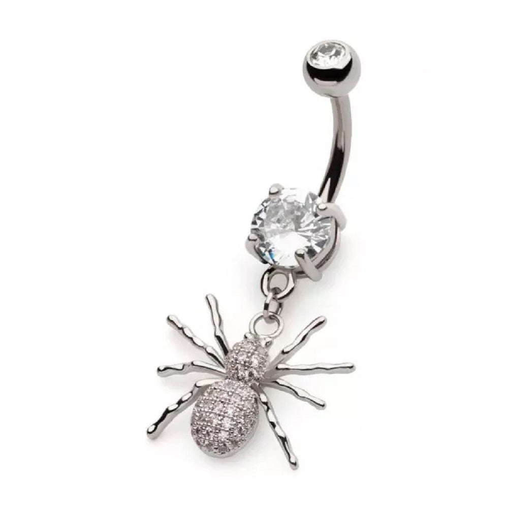 Crystal Paved Spider Dangling Belly Button Ring - 316L Stainless Steel