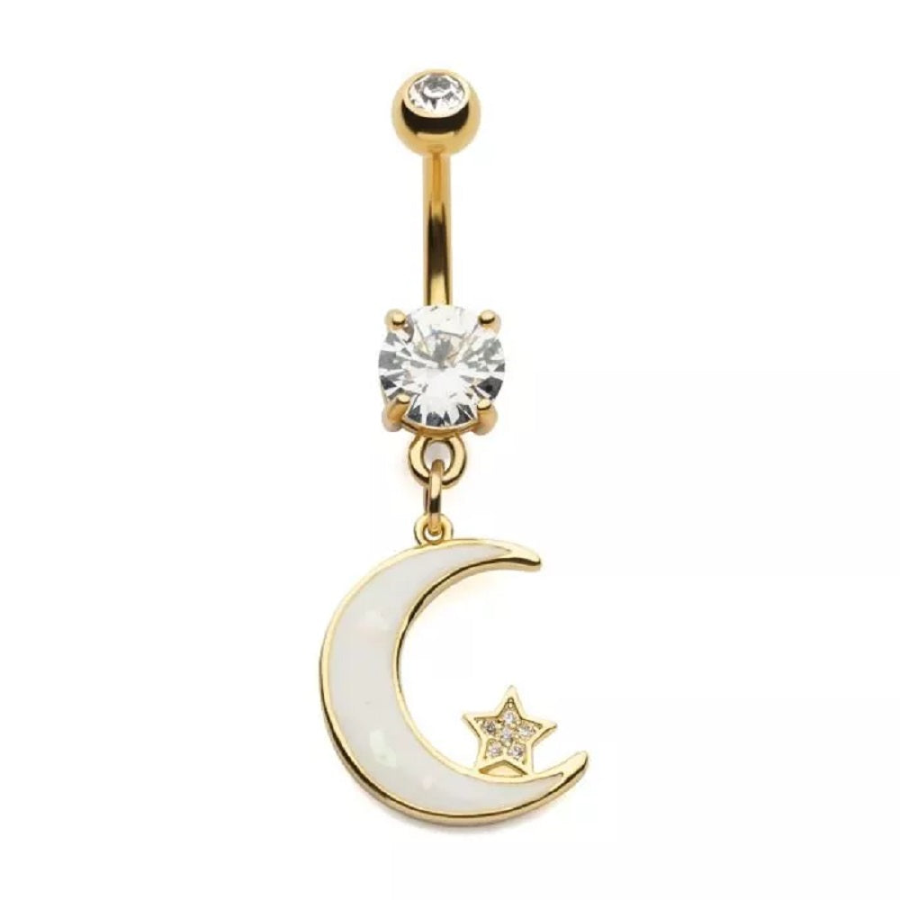 White Opalite Crescent Moon Dangling Belly Button Ring - Gold Plated 316L Stainless Steel
