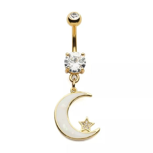 White Opalite Crescent Moon Dangling Belly Button Ring - Gold Plated 316L Stainless Steel