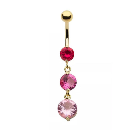 Triple Round CZ Crystal Dangling Belly Button Ring - Gold Plated 316L Stainless Steel