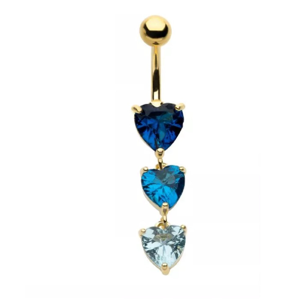 Triple Blue CZ Crystal Hearts Dangling Belly Button Ring - 316L Stainless Steel