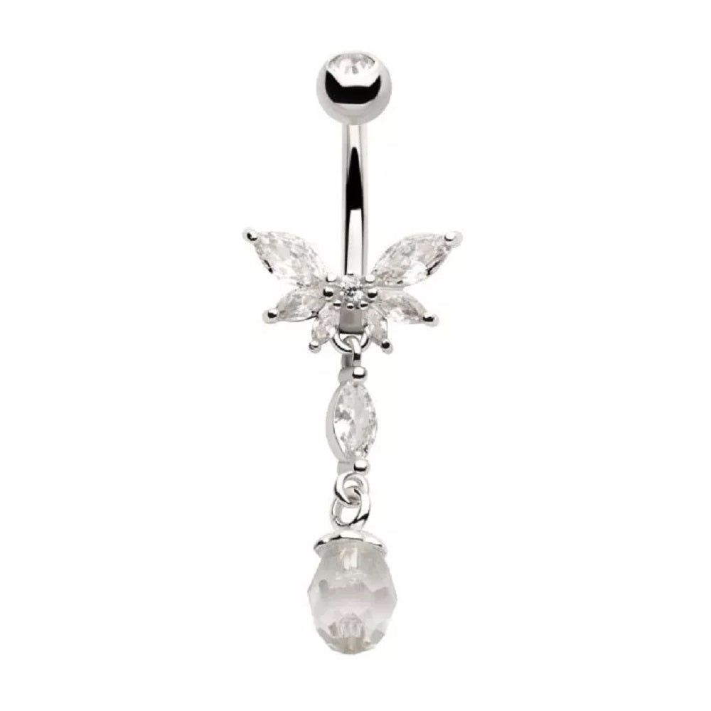 CZ Crystal Butterfly with Dangling Gems Belly Button Ring - 316L Stainless Steel