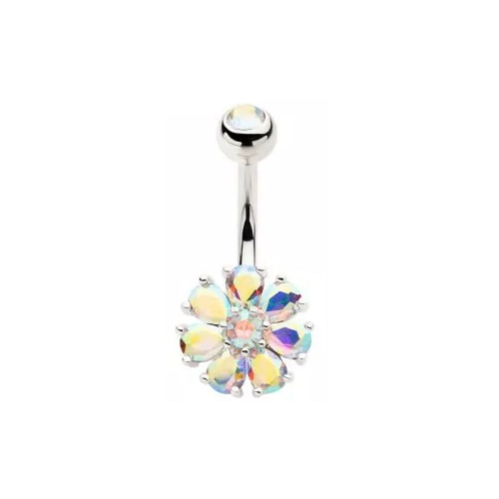 Prong Set CZ Crystal Flower Belly Button Ring - 316L Stainless Steel