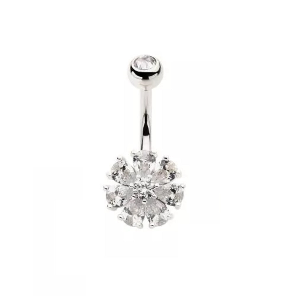 Prong Set CZ Crystal Flower Belly Button Ring - 316L Stainless Steel