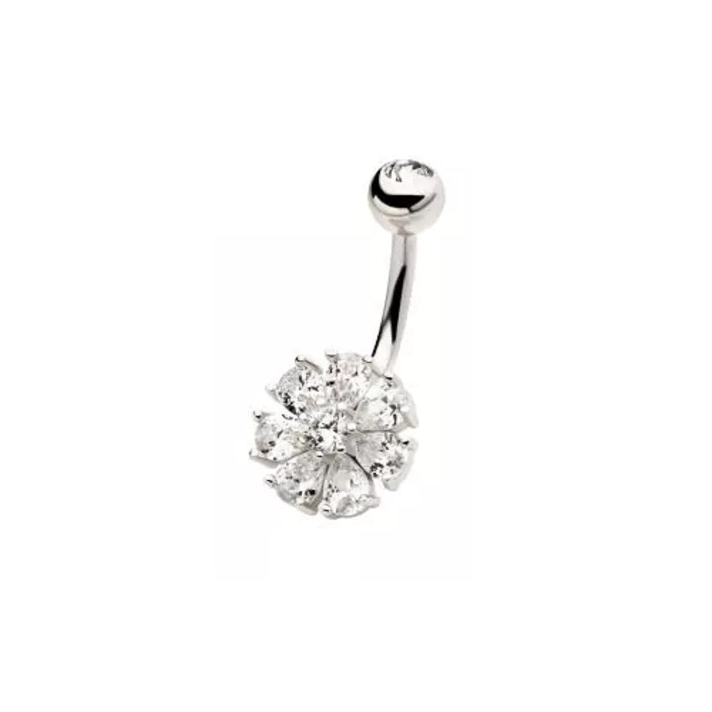 Prong Set CZ Crystal Flower Belly Button Ring - 316L Stainless Steel