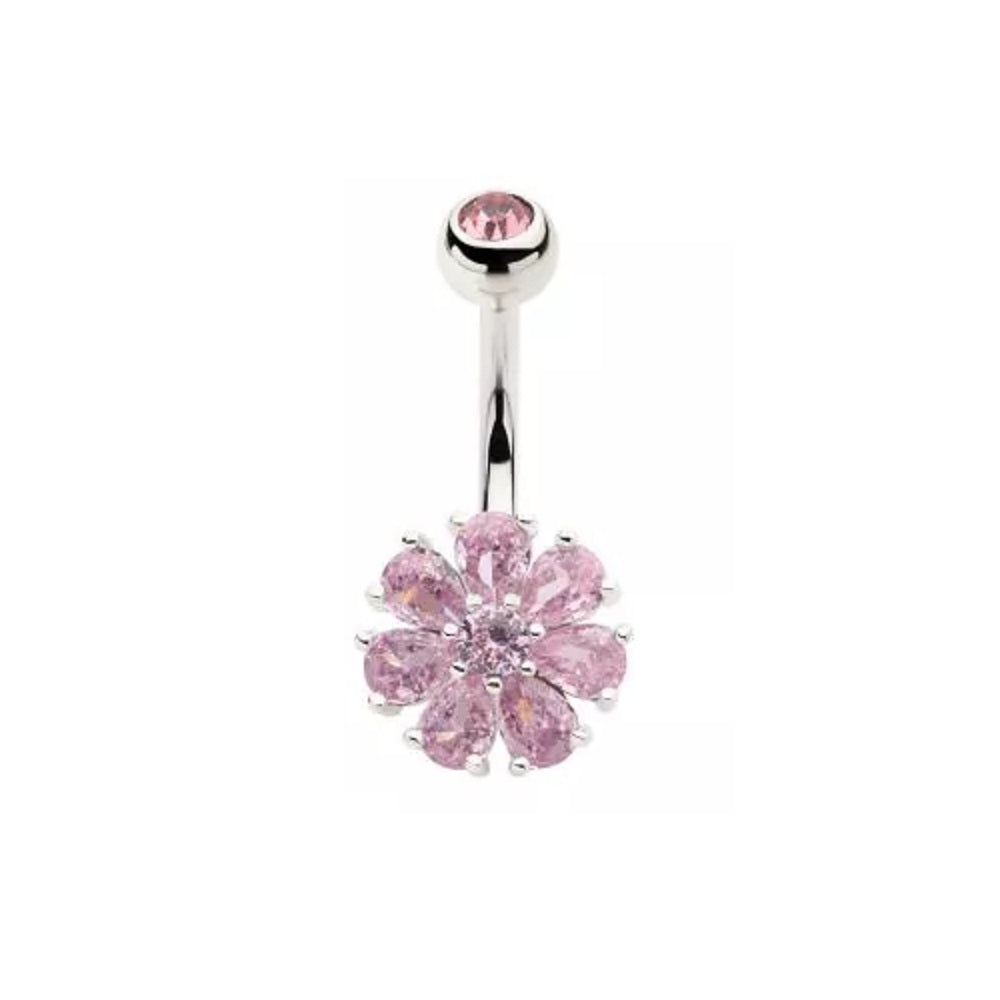 Prong Set CZ Crystal Flower Belly Button Ring - 316L Stainless Steel
