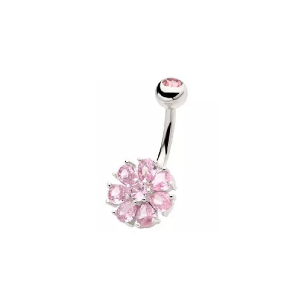Prong Set CZ Crystal Flower Belly Button Ring - 316L Stainless Steel