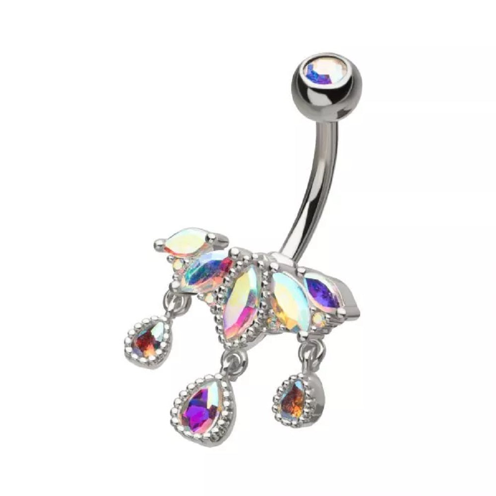 Aurora Borealis CZ Crystal Marquise with Dangling Gems Belly Button Ring - 316L Stainless Steel