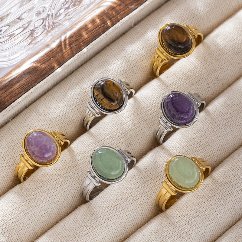 Oval Stone Center Adjustable Ring - Stainless Steel