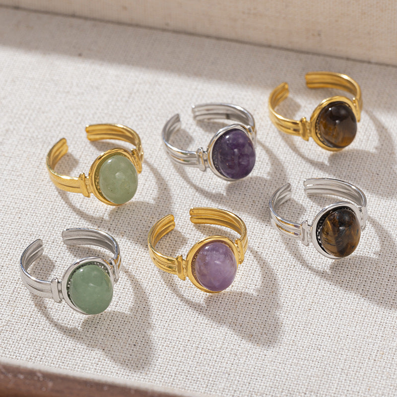 Oval Stone Center Adjustable Ring - Stainless Steel
