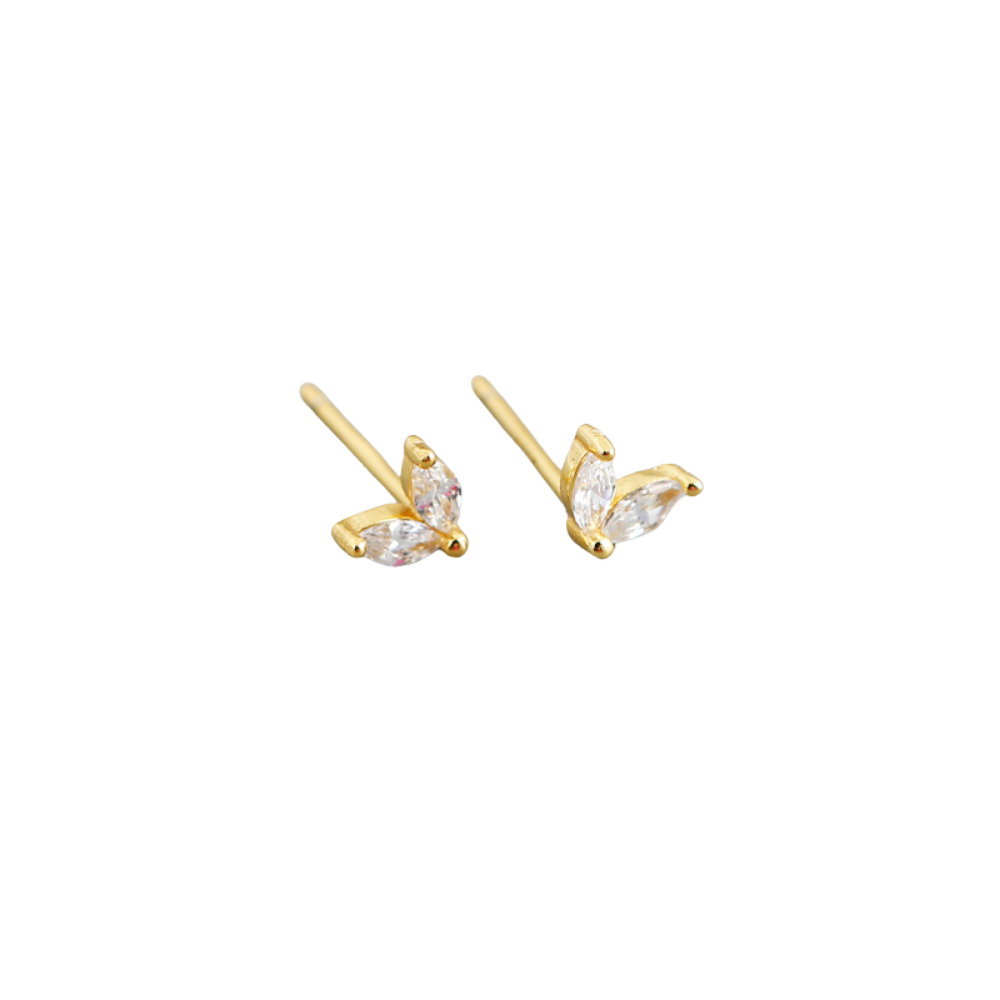 Double Leaf Marquise Zircon Crystal Stud Earrings - Pair - 925 Sterling Silver