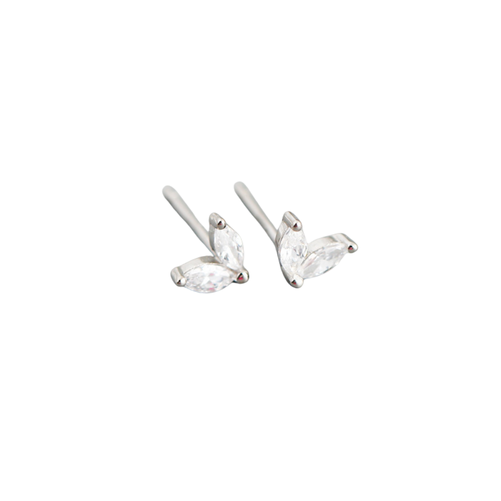 Double Leaf Marquise Zircon Crystal Stud Earrings - Pair - 925 Sterling Silver