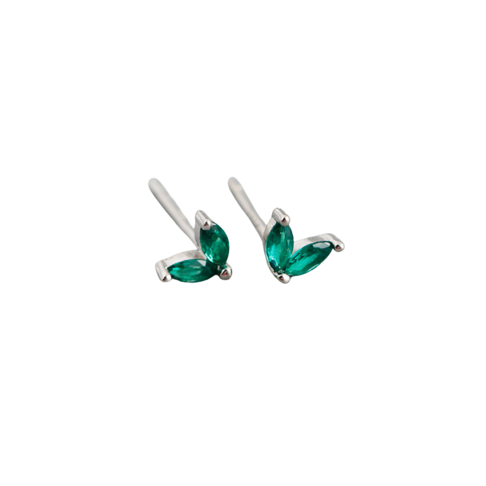 Double Leaf Marquise Zircon Crystal Stud Earrings - Pair - 925 Sterling Silver