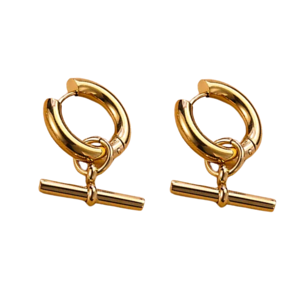Dangling Bar Huggie Hoop Earrings - Pair - Gold Plated Stainless Steel