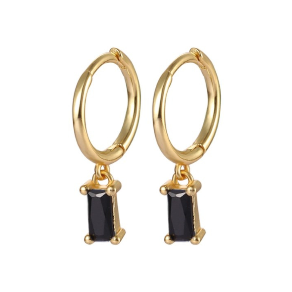 Zircon Crystal Baguette Dangling Huggie Hoop Earrings - Pair - 925 Sterling Silver
