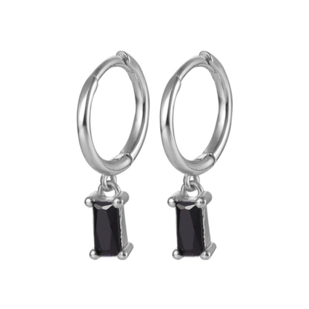 Zircon Crystal Baguette Dangling Huggie Hoop Earrings - Pair - 925 Sterling Silver