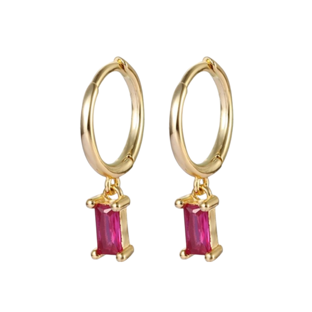 Zircon Crystal Baguette Dangling Huggie Hoop Earrings - Pair - 925 Sterling Silver