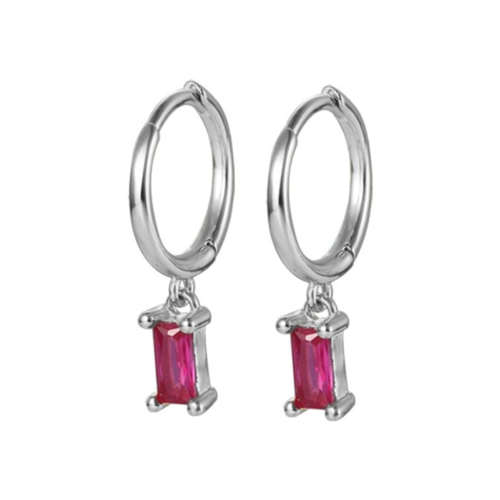 Zircon Crystal Baguette Dangling Huggie Hoop Earrings - Pair - 925 Sterling Silver