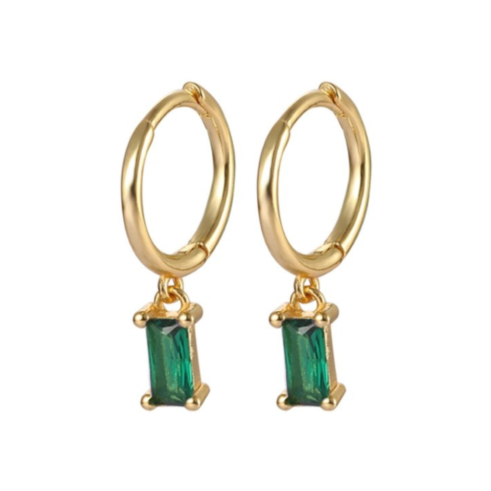 Zircon Crystal Baguette Dangling Huggie Hoop Earrings - Pair - 925 Sterling Silver