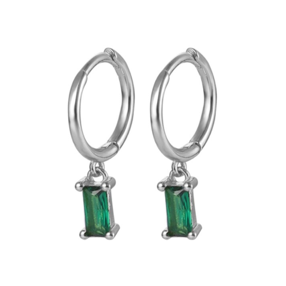Zircon Crystal Baguette Dangling Huggie Hoop Earrings - Pair - 925 Sterling Silver