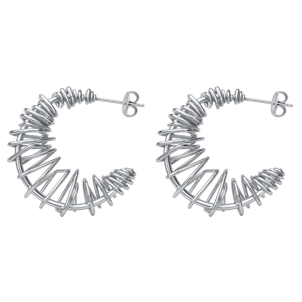 Coiled Wire C-Shaped Hoop Earrings - Pair - Stainless Steel