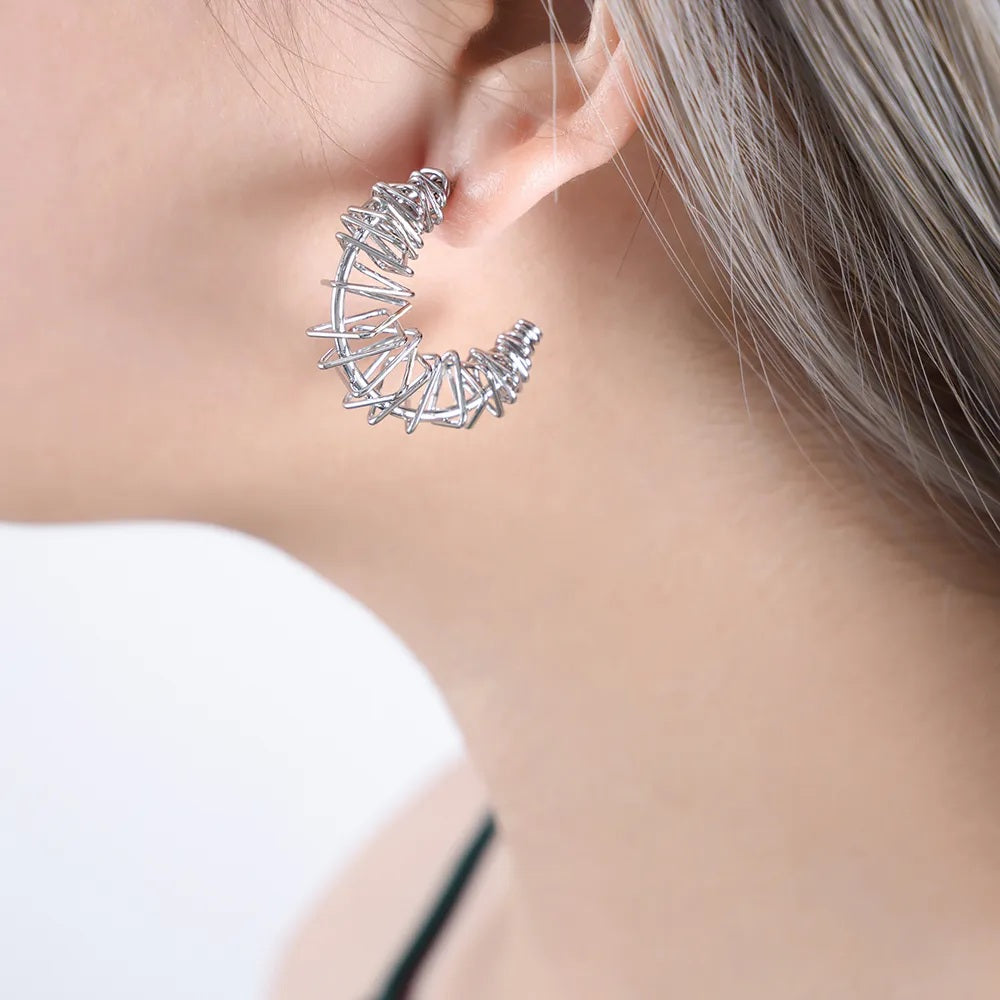 Coiled Wire C-Shaped Hoop Earrings - Pair - Stainless Steel