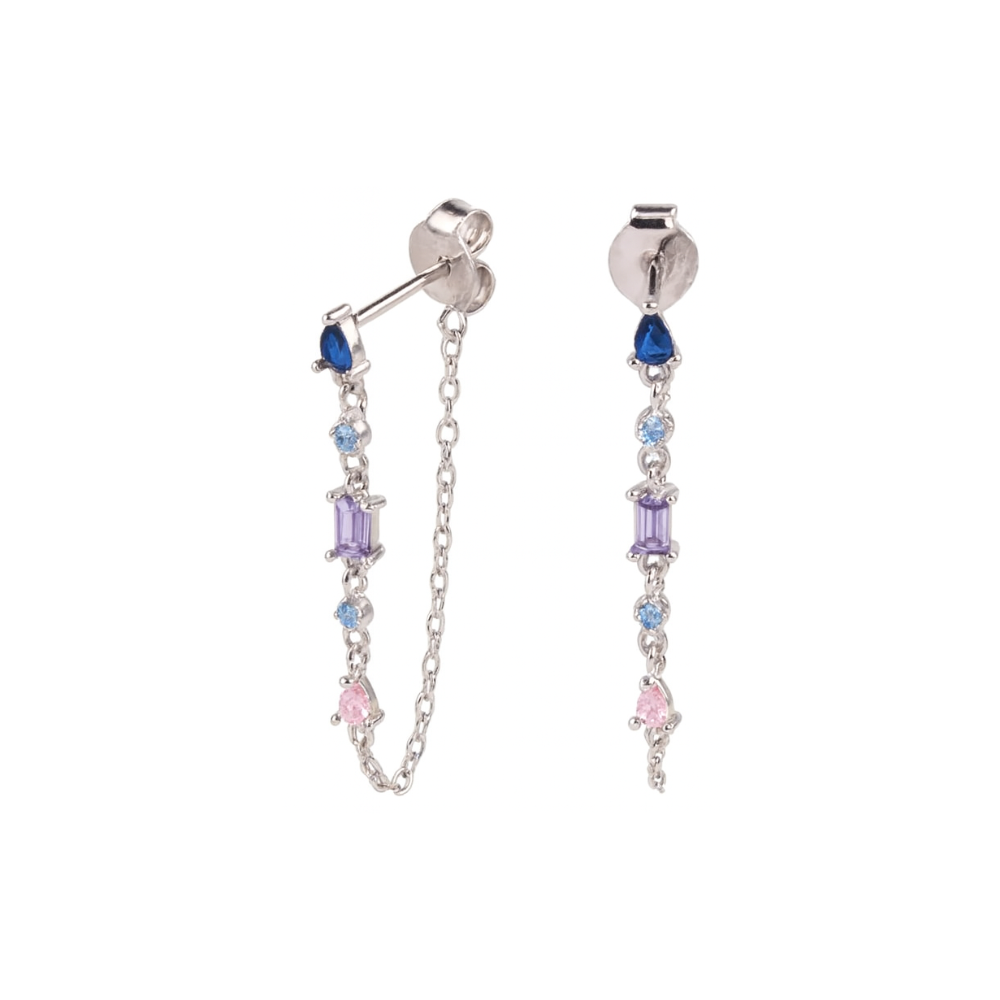 Pink Purple and Blue Crystal Stud Earrings with Connecting Chain - 925 Sterling Silver