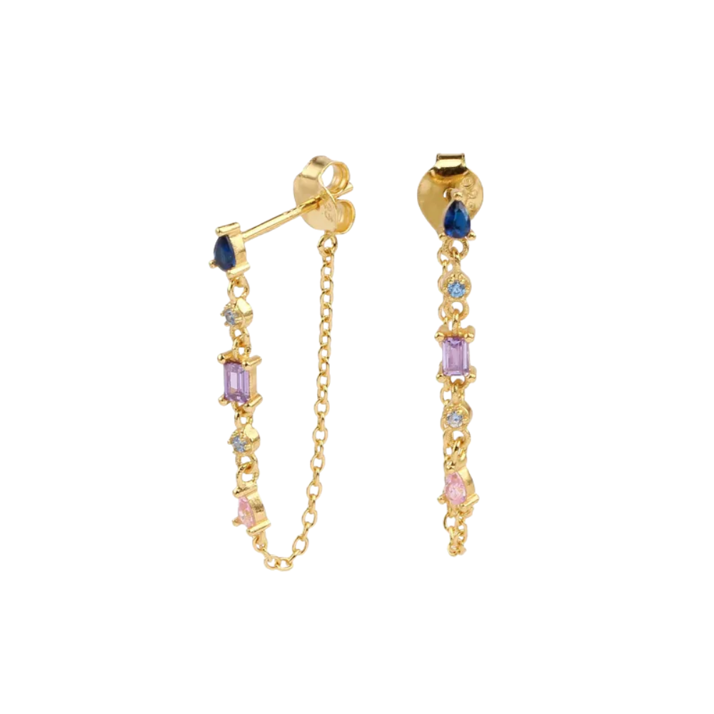 Pink Purple and Blue Crystal Stud Earrings with Connecting Chain - 925 Sterling Silver
