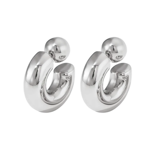 C-Shaped Ball End Hoop Earrings - Pair - Stainless Steel