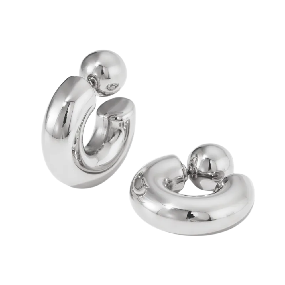C-Shaped Ball End Hoop Earrings - Pair - Stainless Steel