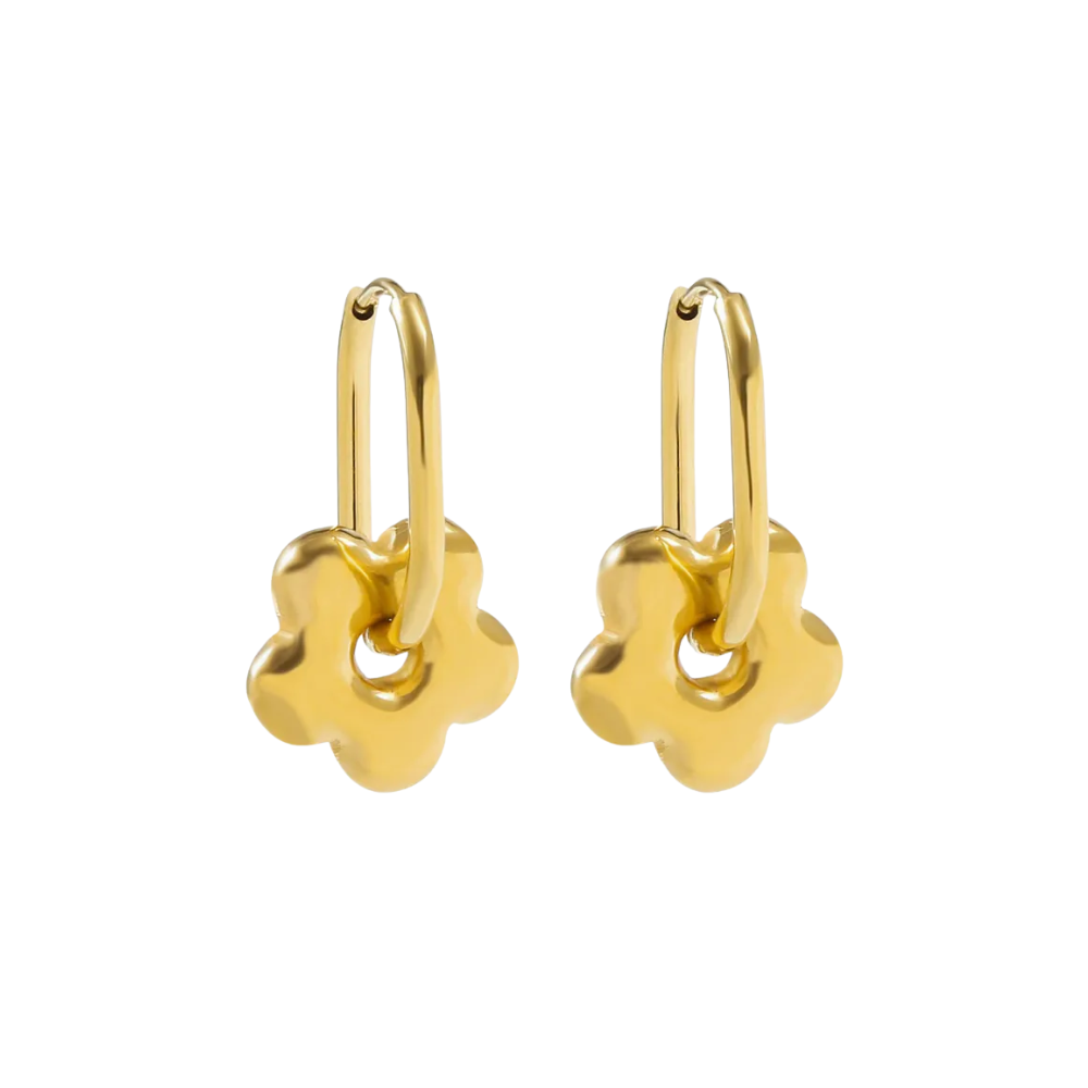 Puffy Flower Oblong Huggie Hoop Earrings - Pair - Stainless Steel