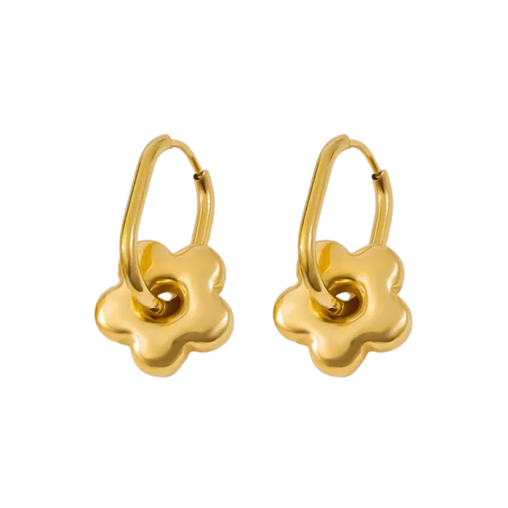 Puffy Flower Oblong Huggie Hoop Earrings - Pair - Stainless Steel