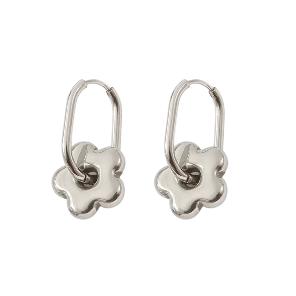 Puffy Flower Oblong Huggie Hoop Earrings - Pair - Stainless Steel