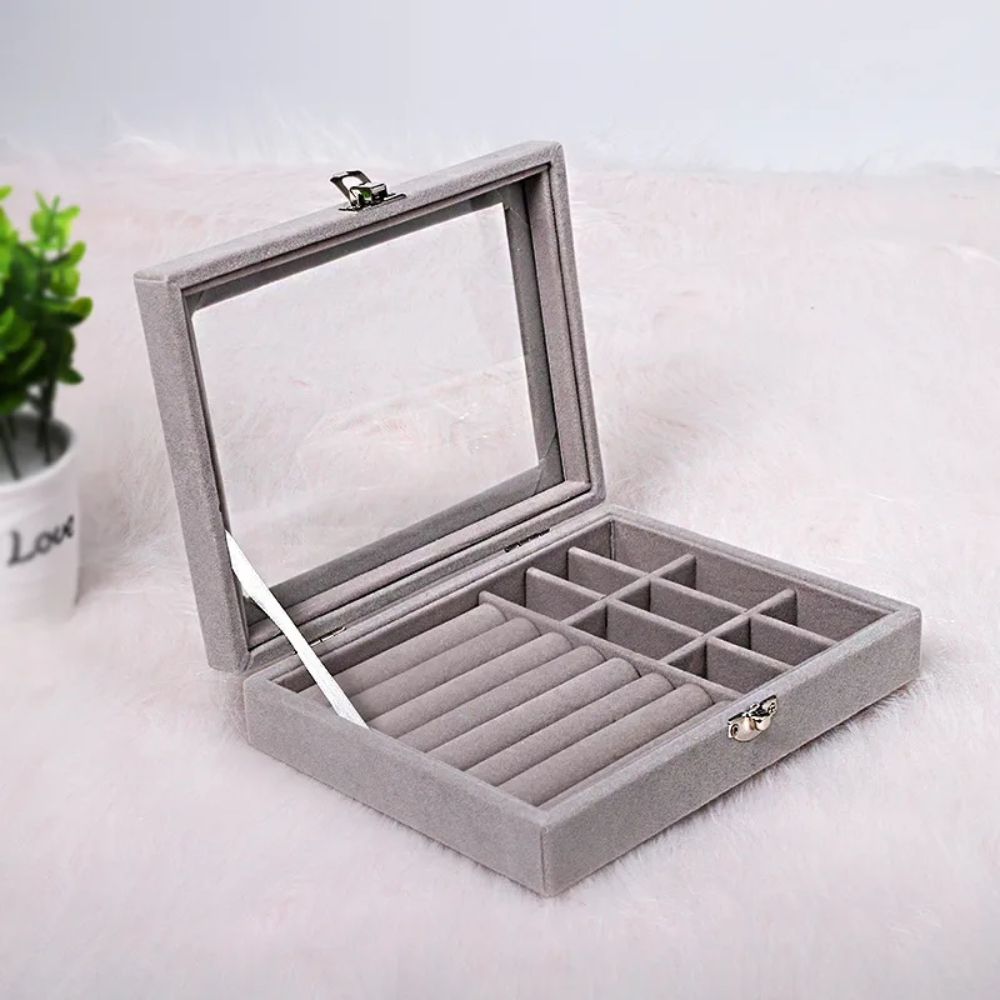 Velvet Multi-Compartment and Ring Display Jewelry Organizer Box with Glass Lid