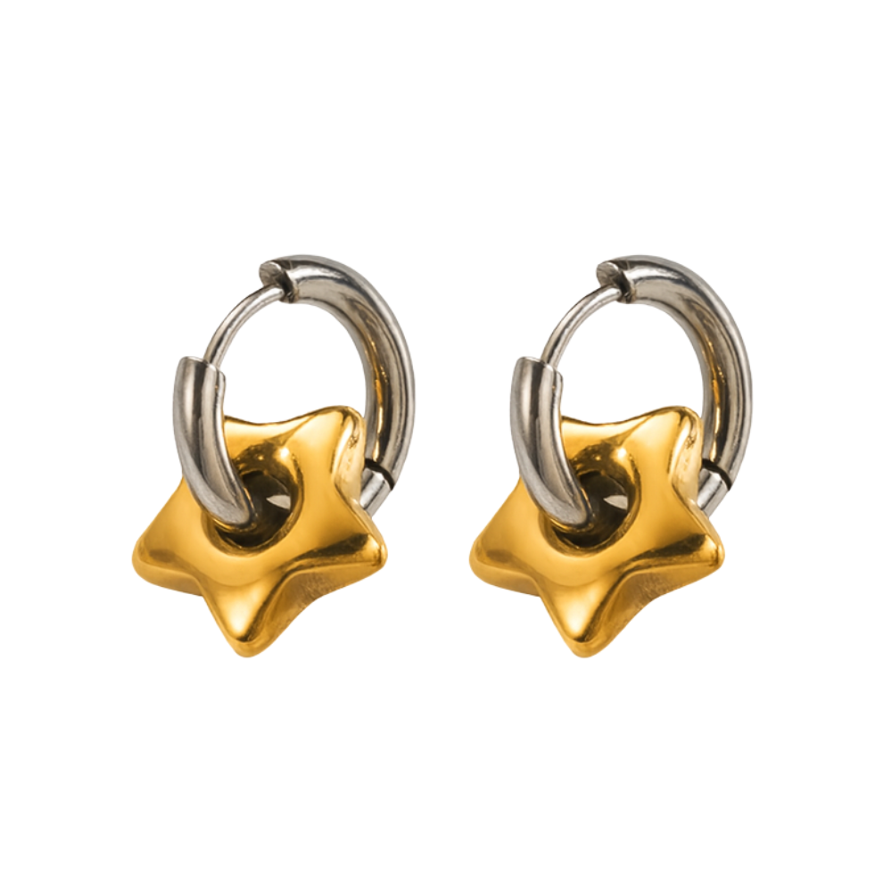 Mini Puffy Star Huggie Hoop Earrings - Pair - Stainless Steel