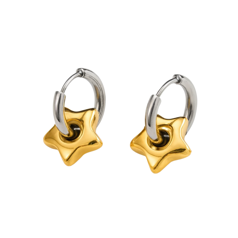 Mini Puffy Star Huggie Hoop Earrings - Pair - Stainless Steel