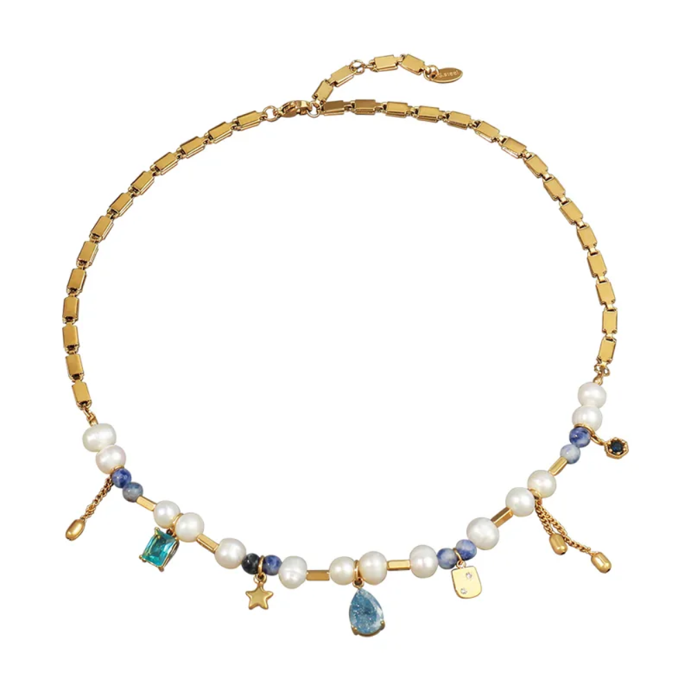 Gold Plated Pearl and Blue Gem Charm Necklace