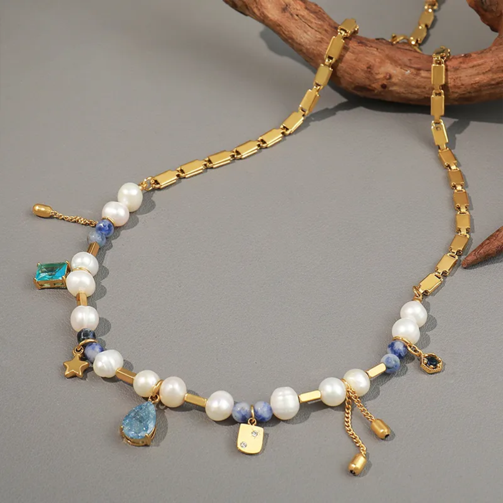 Gold Plated Pearl and Blue Gem Charm Necklace