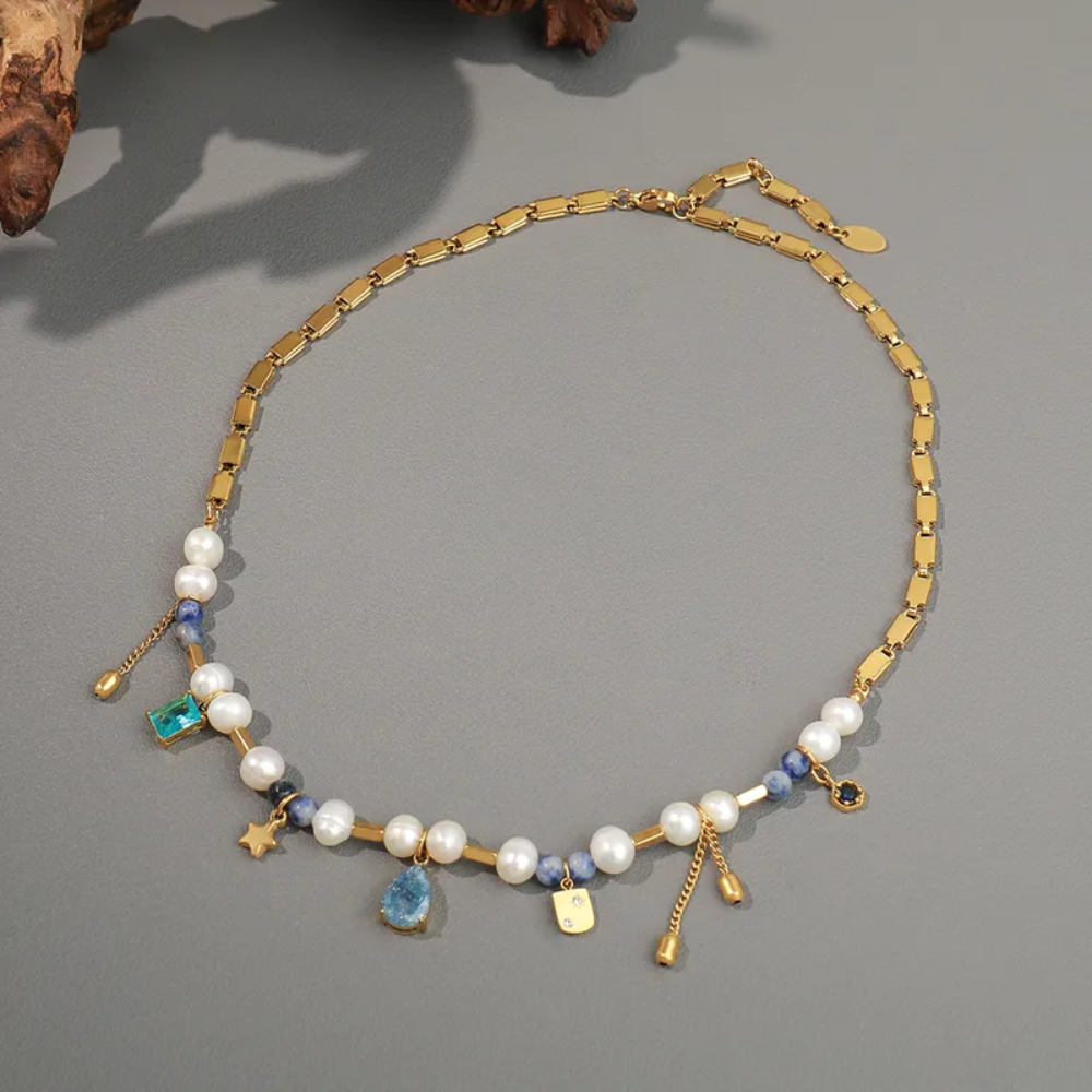 Gold Plated Pearl and Blue Gem Charm Necklace