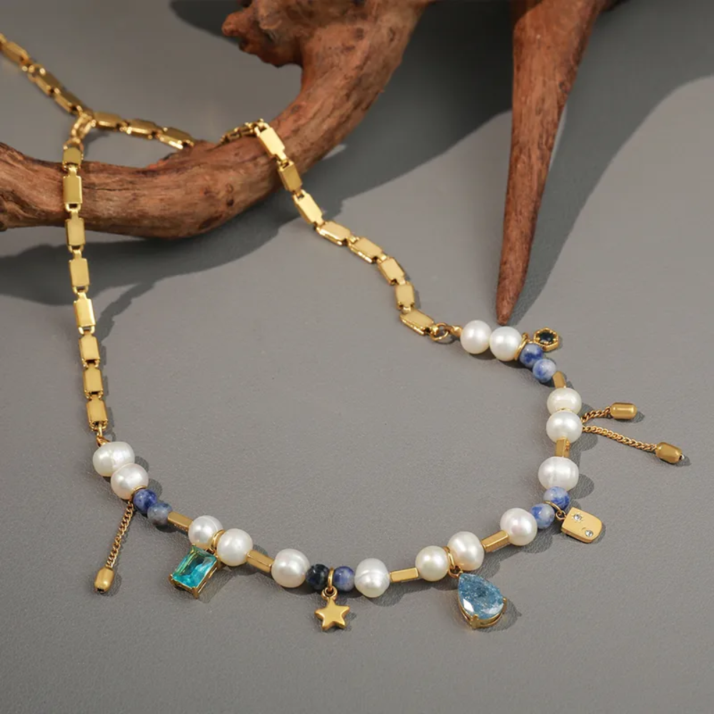 Gold Plated Pearl and Blue Gem Charm Necklace