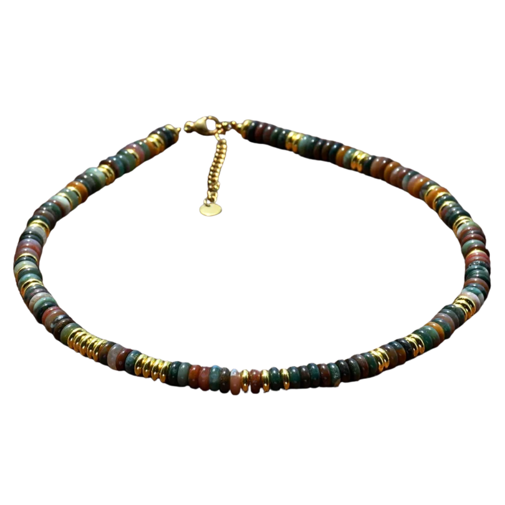Indian Agate Natural Stone and Golden Discs Beaded Necklace - Gold Plated 316 Stainless Steel