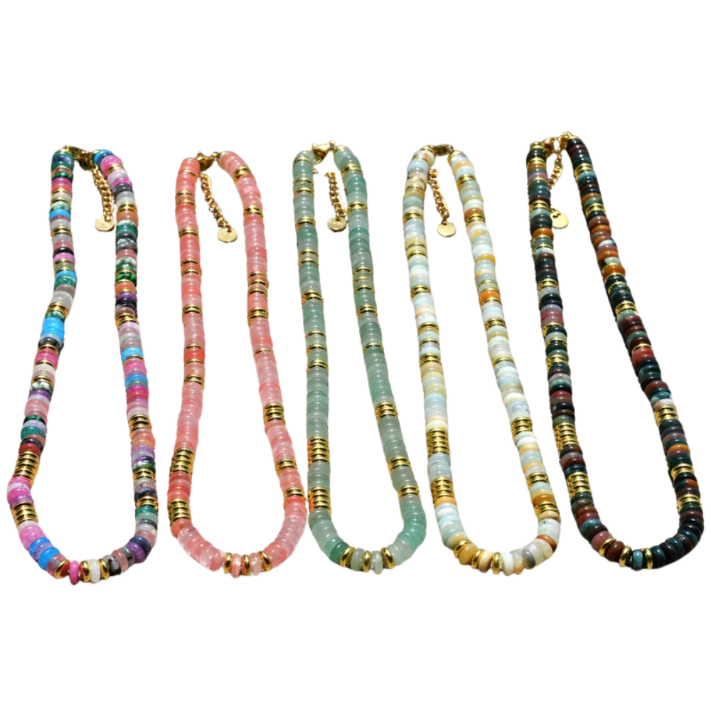 Cherry Crystal Natural Stone and Golden Discs Beaded Necklace - Gold Plated 316 Stainless Steel