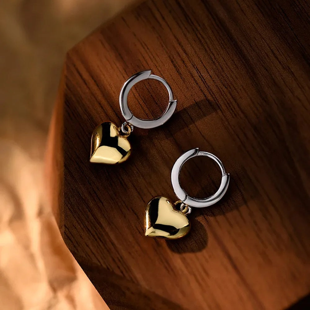 Two Tone Heart Dangling Huggie Hoop Earrings - Pair - 925 Sterling Silver