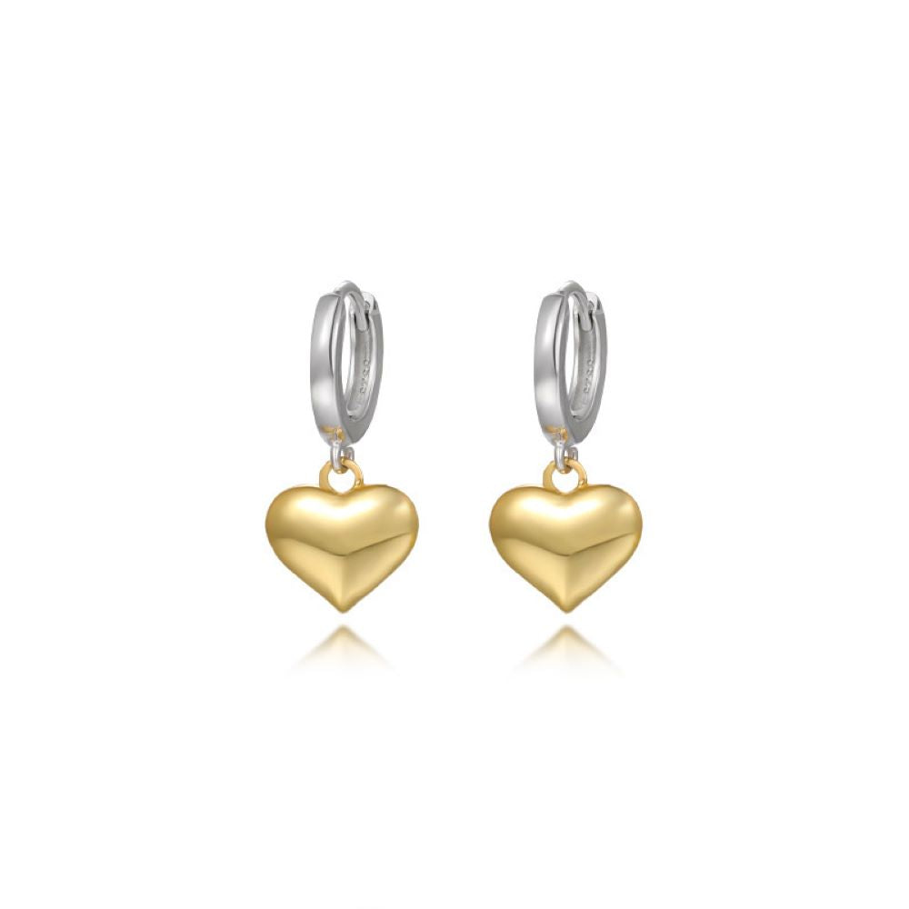 Two Tone Heart Dangling Huggie Hoop Earrings - Pair - 925 Sterling Silver