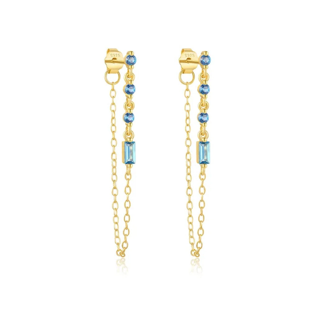 Blue Zircon Crystal Stud Earrings with Connecting Chain - Gold Plated 925 Sterling Silver