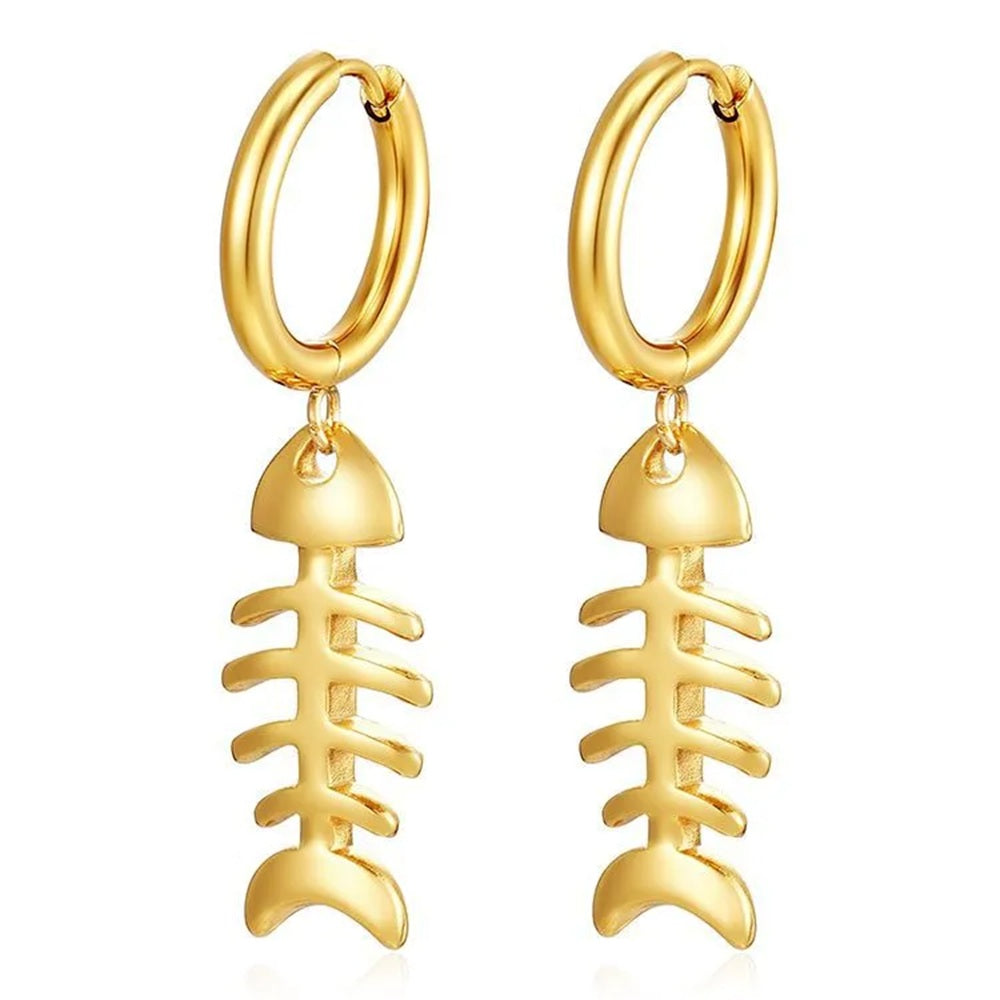Fishbone Dangling Huggie Hoop Earrings - Pair - Stainless Steel