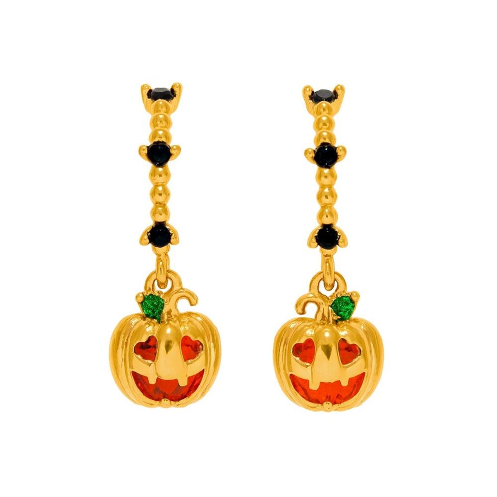 Black Crystal Lined Dangling Pumpkin Hoop Earrings - Pair